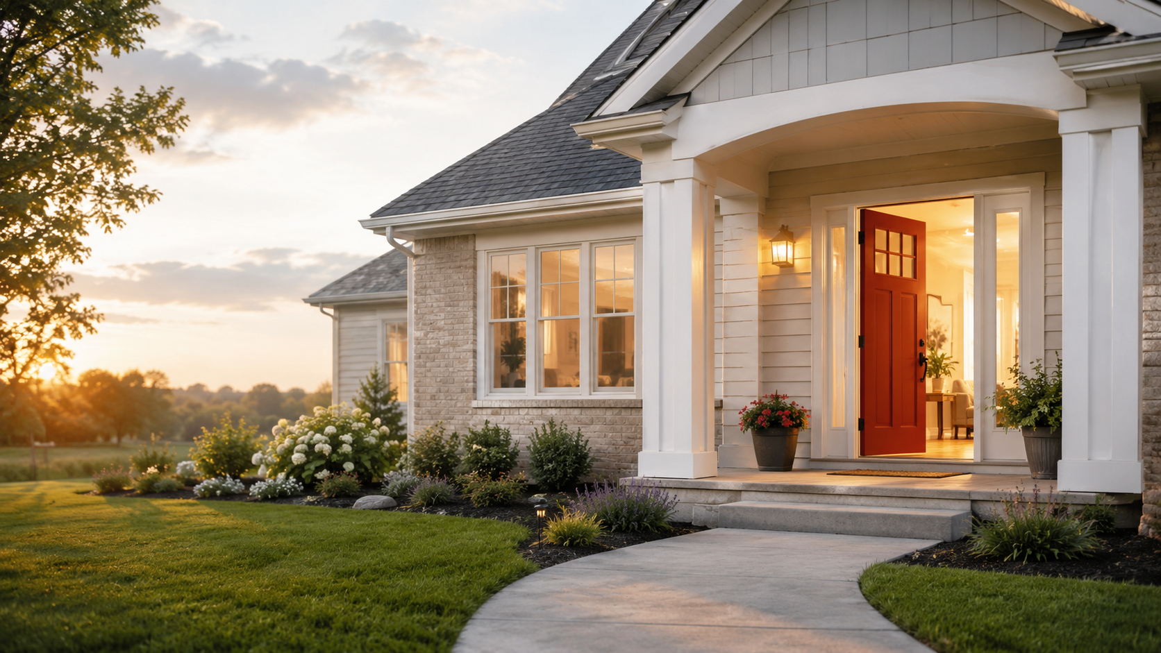 Welcoming home at sunset with red front door